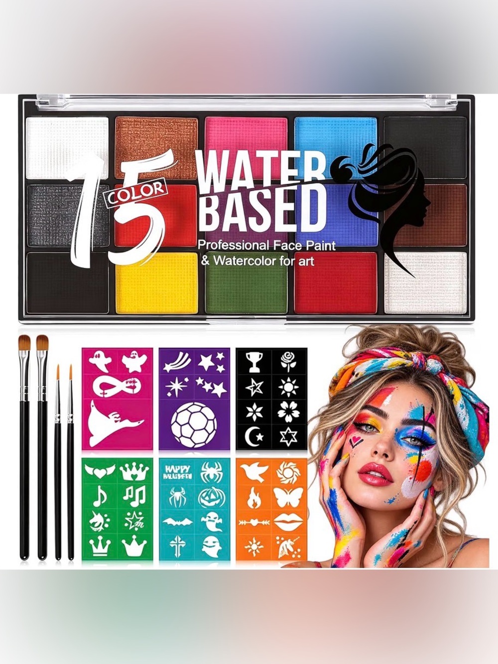 New 15-Color Water Based Face Paint Kit w/Brushes & Stencils Halloween/Cosplay❤️